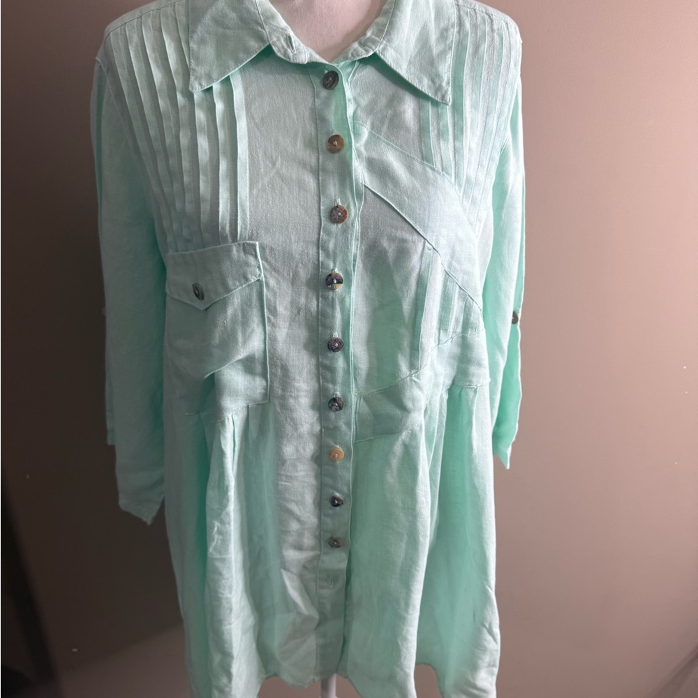 Click by color me cotton linen Mint Green Button-Up Women's Top large